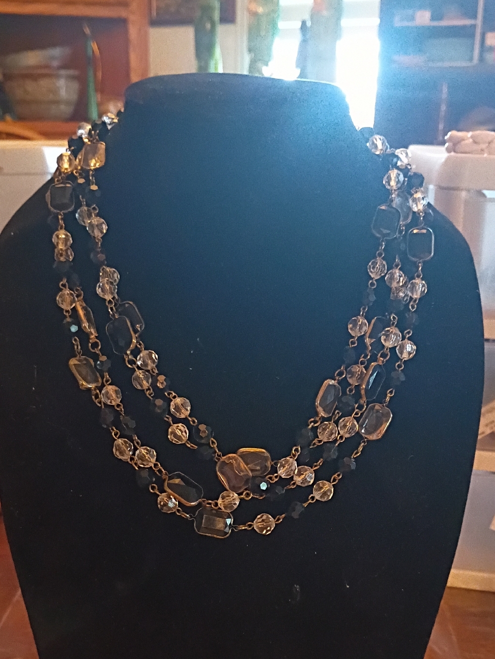 Three-Strand Gold and Clear Bead Necklace for Women